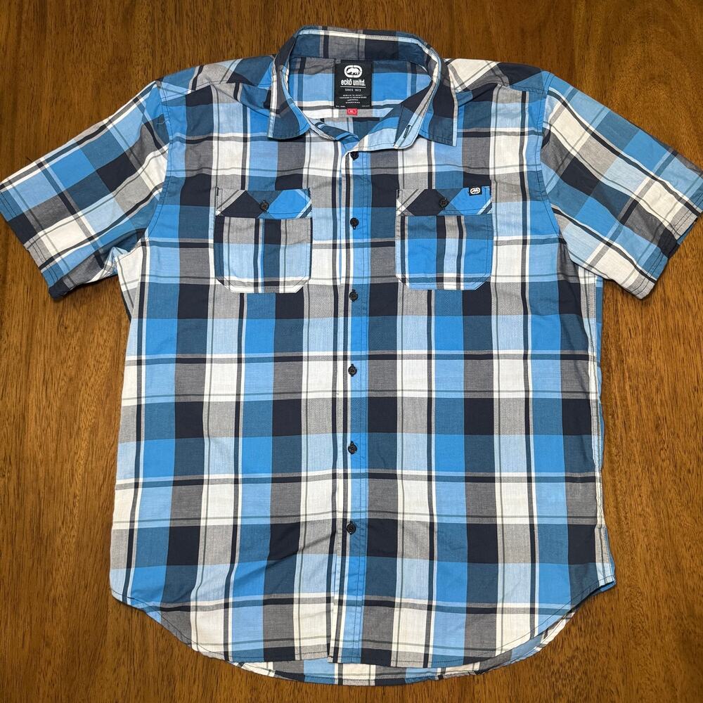 Ecko Unltd Mens XL Blue Plaid Short Sleeve Button Up Shirt Y2K Streetwear